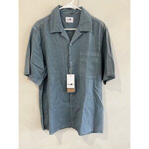 $175 NNO7 No Nationality T Top Shirt Mens Large Blue Button Up Short Sleeve Flaw